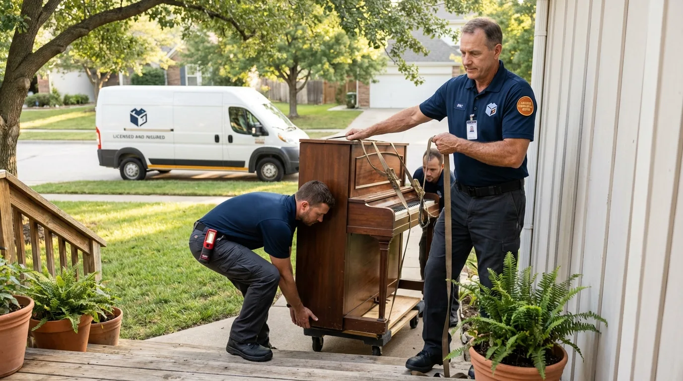 Licensed piano movers securing grand piano in Venice, CA