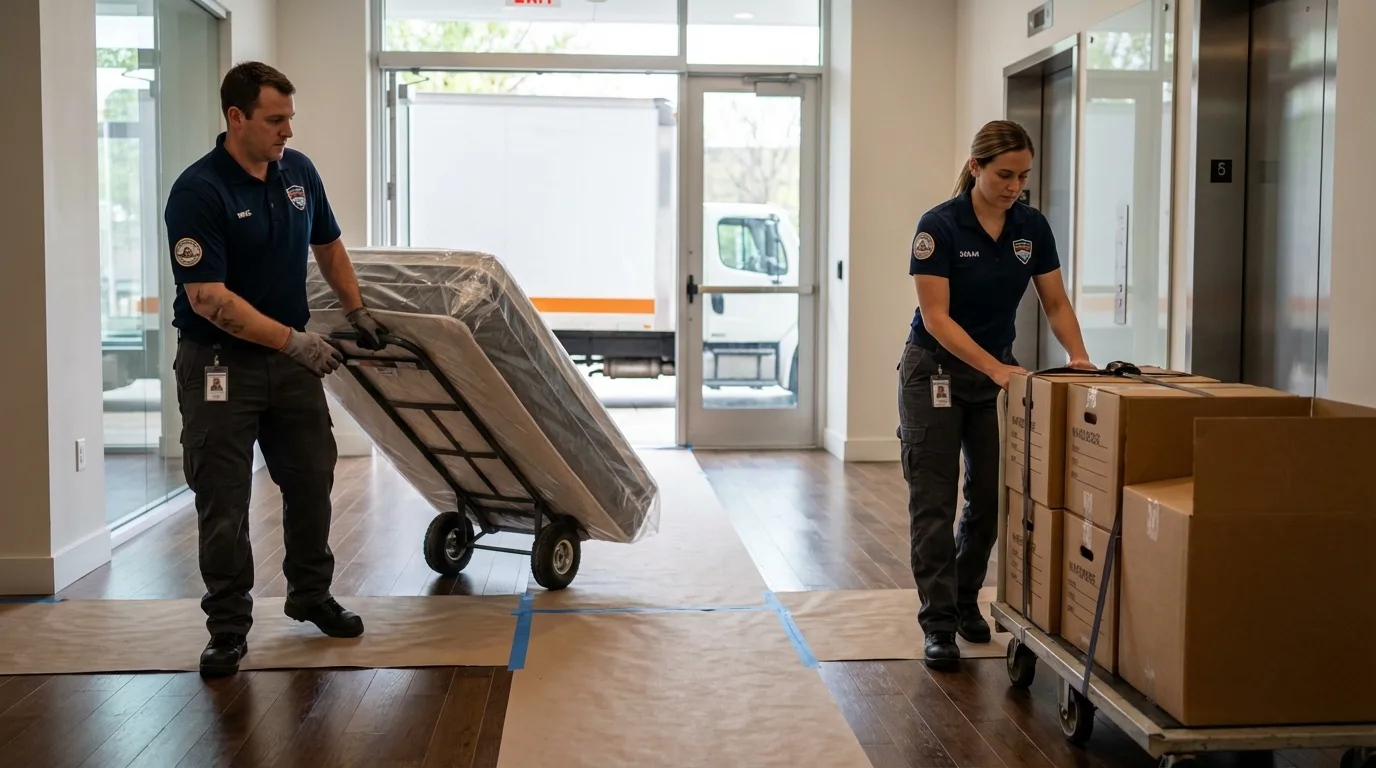 Professional apartment movers loading elevator in Venice, CA
